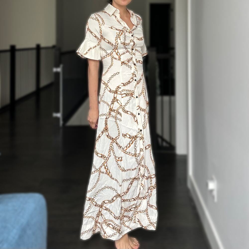 Antropologie Maeve Short Sleeve Gold Chain Print Dress  Size XXS